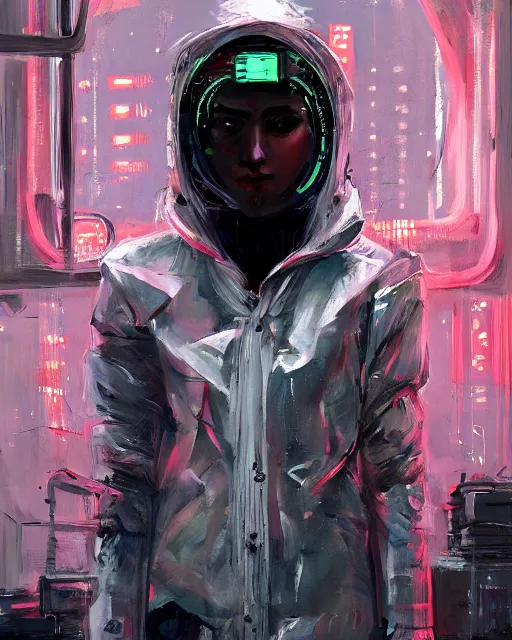 Image similar to detailed portrait neon medical machinery cyberpunk futuristic, reflective puffer jacket, black leggings, decorated with traditional ornaments in a white room with piles of garbage by ismail inceoglu dragan bibin hans thoma, perfect face, fine details, realistic shaded, fine - face, pretty face