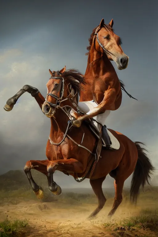 Image similar to A horse riding a horse, oil on canvas, intricate, portrait, 8k highly professionally detailed, HDR, CGsociety