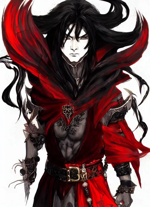 Prompt: Half body portrait of a handsome elf fire mage with long black hair wearing ornate scarlet robe, crazy grin, flame, anarchy. In style of Yoji Shinkawa and Hyung-tae Kim, trending on ArtStation, dark fantasy, great composition, concept art, highly detailed, dynamic pose.