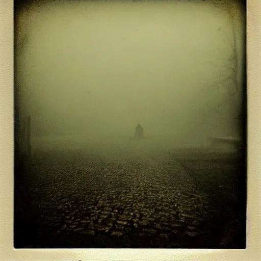 Image similar to the fog is thick shelter for ghosts, polaroid photography in style of andrey tarkovski, eerie, mystical, sublime