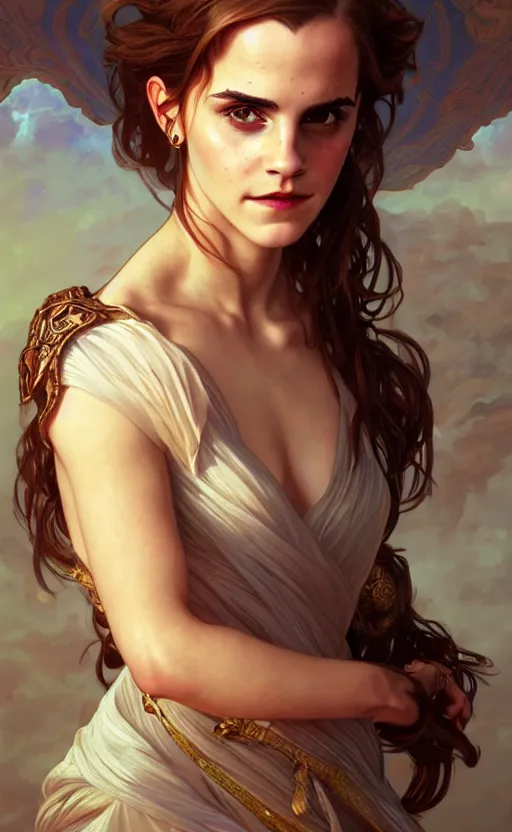 Image similar to portrait of emma watson as the goddess circe, greek mythology, intricate, headshot, highly detailed, digital painting, artstation, concept art, sharp focus, cinematic lighting, illustration, art by artgerm and greg rutkowski, alphonse mucha, cgsociety