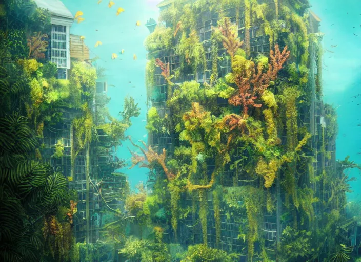 Image similar to overgrown foliage overtaking tall buildings, underwater environment, storefronts, coral, scenery, professional, award - winning, trending on artstation, detailed, realistic, beautiful, emotional, shiny, golden, picture
