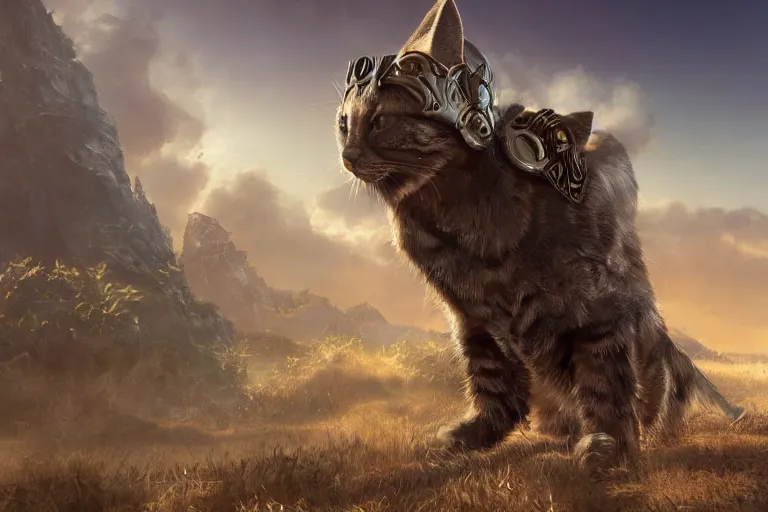 Image similar to cool looking anthrophomorphic cat in armor, sheathed weapon, fantasy, unreal engine, realistic, golden hour, professional photography, mild depth of field, cinematic lighting, 8 k