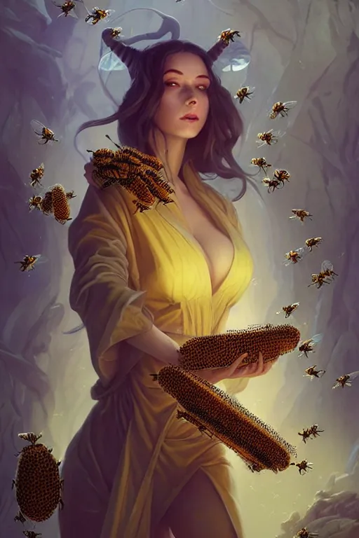 Prompt: fantasy beekeeper, stunning woman, wearing nanotech honeycomb robe, silky, surrounded by bees, cinematic, greg rutkowski, peter mohrbacher