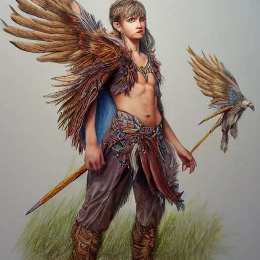 Image similar to hyper realistic color pencil drawing of a young male fairy druid with hawk wings, D&D character Art, detailed, rim light, diffused, intricate