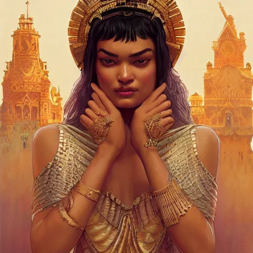 Image similar to Shanina Shaik as Cleopatra, intricate, elegant, highly detailed, digital painting, artstation, concept art, smooth, sharp focus, illustration, art by artgerm and greg rutkowski and alphonse mucha