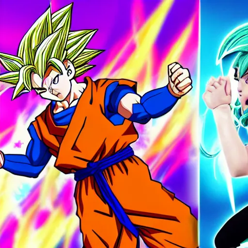 Image similar to Goku fights against Hatsune Miku, super power battle