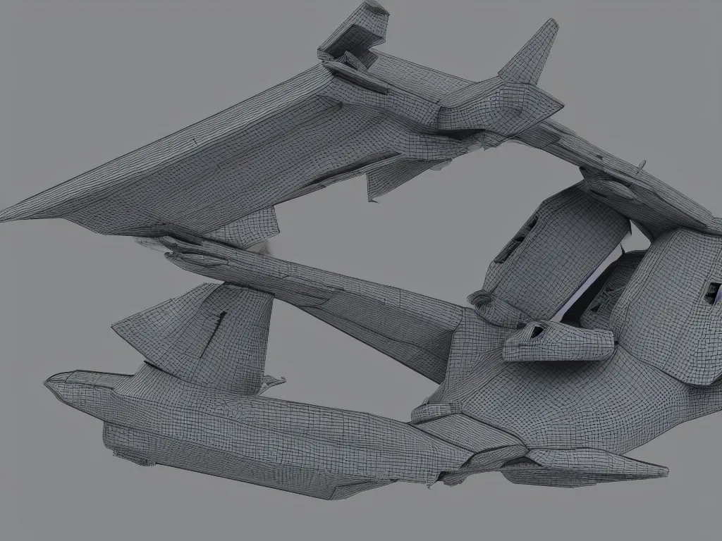 Prompt: a grey 3 d model of a greeble spaceship design on a black background, wings are pointed, cockpit is elaborate, tailfins angle sharply, you can see whole ship