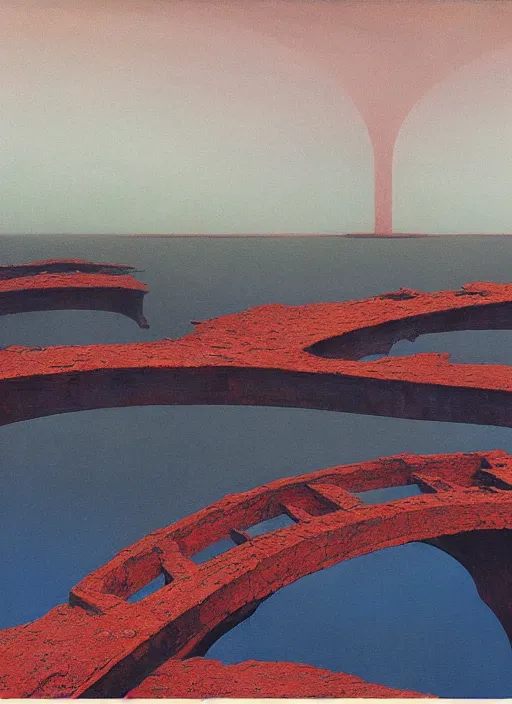 Image similar to Gossamer bridges connect desolate islands abandoned before time, Edward Hopper and James Gilleard, Zdzislaw Beksinski, Mark Ryden, Wolfgang Lettl highly detailed
