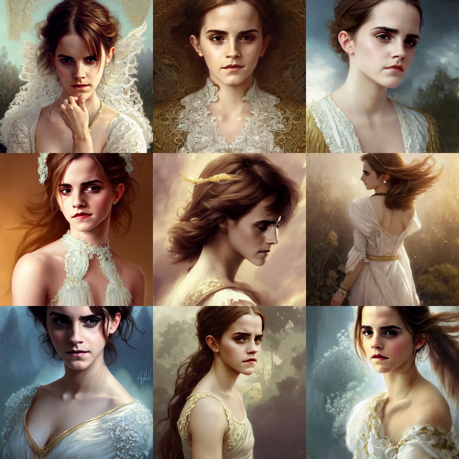 Prompt: emma watson, angry, white lace clothing, gold accessories, elegant, highly detailed, digital painting, matte, sharp focus, art by artgerm, greg rutkowski, alphonse mucha, frank frzetta, boris vallejo, bouguereau, beksinski, cinematic