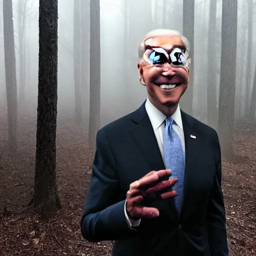 Image similar to joe biden with 4 arms standing ominously far in the foggy woods with a demonic wide smile in his face, iphone photo, creepy