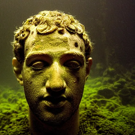 Prompt: Award-winning photograph by Mar Mann. The photo depicts a decaying roman bust of Mark Zuckerberg overgrown with moss at the bottom of the sea in the middle of ruins of civilization. Minimalism, high definition, perfect composition. Deep sea picture. Very dark. Volumetric Lighting. Fish. Darkness. Ruins