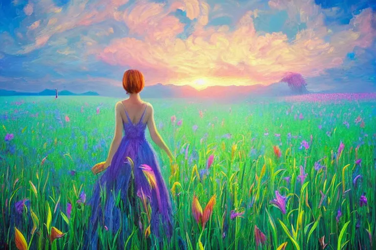 Image similar to giant gladiola head, girl walking in field of flowers, surreal photography, sunrise, blue sky, dramatic light, impressionist painting, digital painting, artstation, simon stalenhag