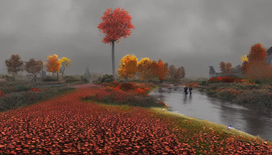 Image similar to autumn, midwest town, grey sky, leafs, trees, river, hyperdetailed, artstation, cgsociety, 8 k