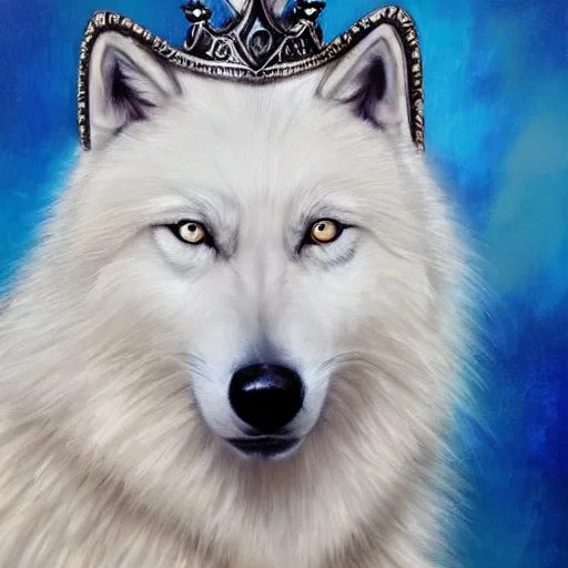 Prompt: A portrait of a white wolf wearing a crown, blue eyes, oil painting, award winning masterpiece, artstation