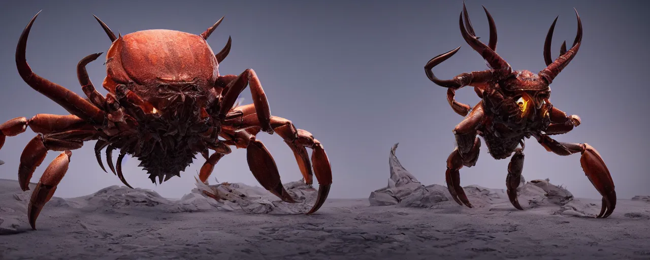 Prompt: creature design, a crab with oryx head and horns, oryx colored fur, cryptid, cinematic lighting, octane render, cinematic aura lighting, atmospheric, photorealistic, hyperdetailed 3 d matte painting, hyperrealism, hyperrealistic