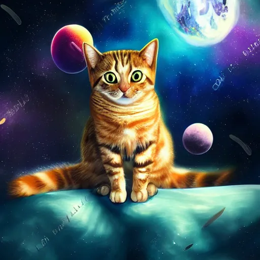 Prompt: portrait of a cat in space cuddling with the stars, realistic splash art, leagues of legends