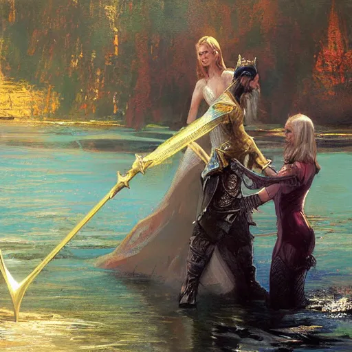 Image similar to the lady of the lake gives excalibur to king arthur by craig mullins and james gurney