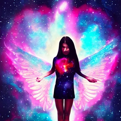 Prompt: girl cover in cosmic shadows with giant wings of glowing nebulas, realistic photograph, polaroid pic by horror