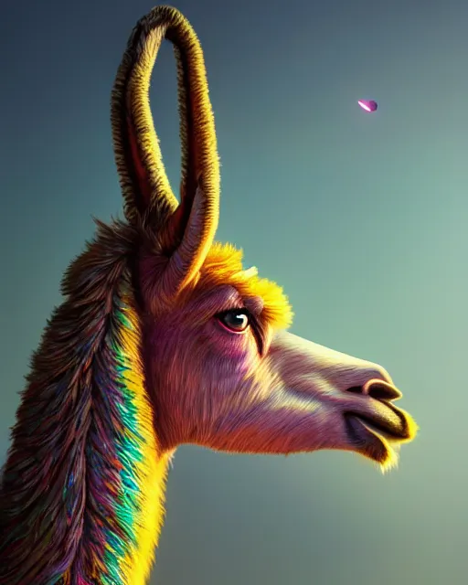 Image similar to highly detailed surreal vfx portrait of a metallic chromatic geometric tribal llama, behance, stephen bliss, unreal engine, greg rutkowski, loish, rhads, beeple, makoto shinkai and lois van baarle, ilya kuvshinov, rossdraws, tom bagshaw, alphonse mucha, global illumination, detailed and intricate environment