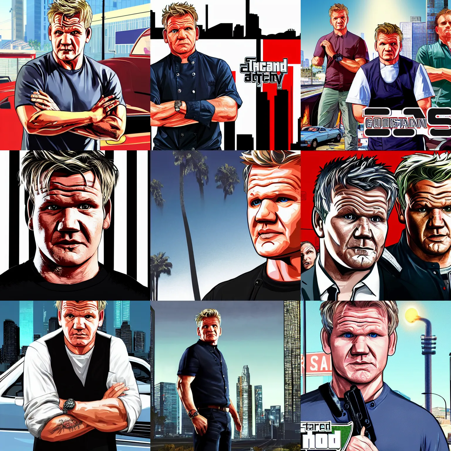 Prompt: gordon ramsay in gta v promotional art by stephen bliss, no text