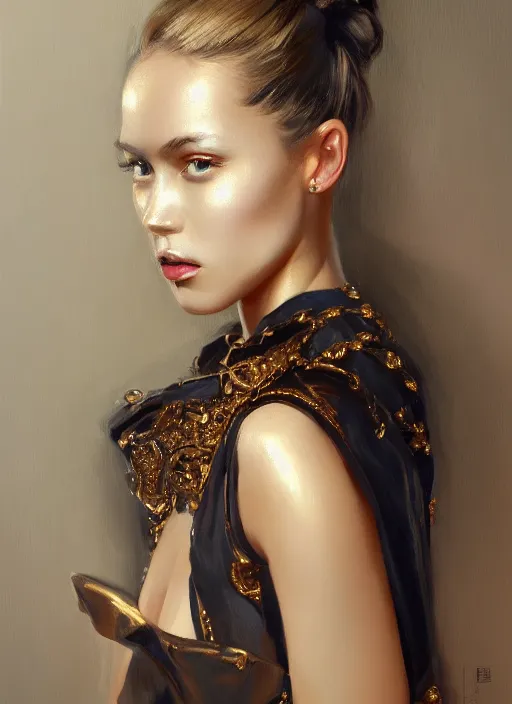 Image similar to girl portrait painting by WLOP, gold skin, expensive dress, highly detailed, harper's bazaar, vogue, magazine, concept art, ornate, luxury, elite, elegant, trending on artstation ,