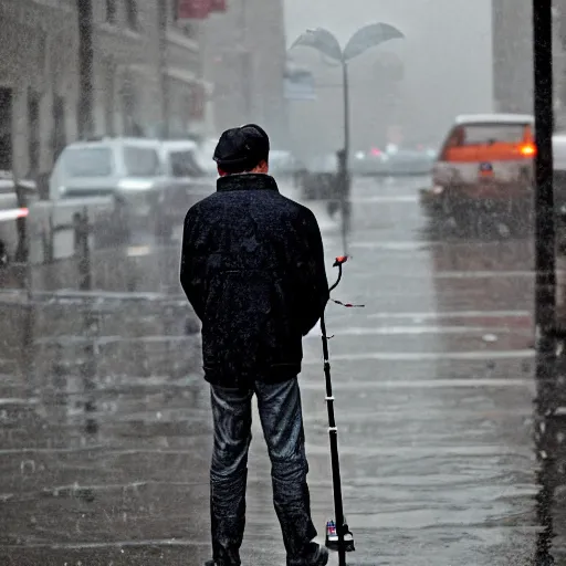 Image similar to portrait of a man fishing in a rainy new york street, photograph, magazine, press, photo