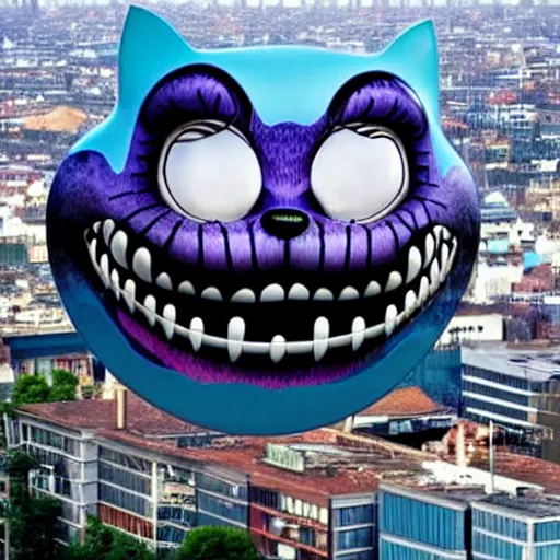 Image similar to gigantic chrome cheshire cat grin! floating over a modern city