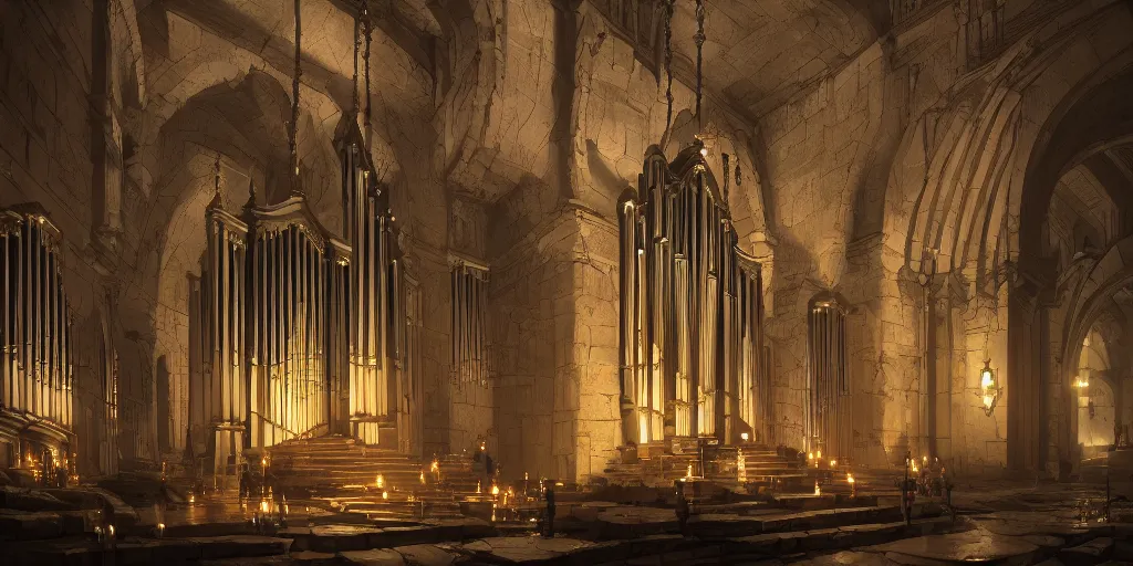 Image similar to A pipe organ made out of dark stone, by Greg Rutkowski and Raphael Lacoste, bright, high contrast, cinematic lighting, highly detailed, 4k resolution, trending on artstation