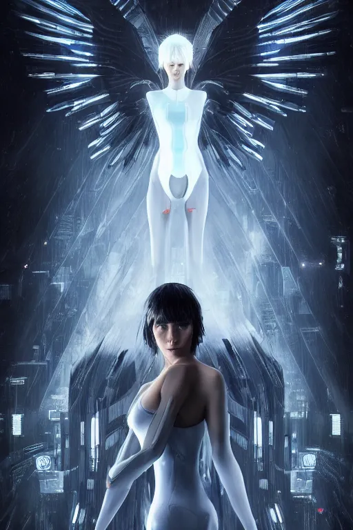 Image similar to white arc-angel with mystic robotic wings, blade runner, akira, ghost in the shell, 2077, ultra detailed, digital art, 8k ,character ,realistic, portrait, hyperrealistic