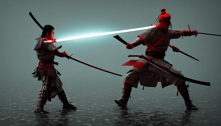 Prompt: Digital Art of A Samurai! Ninja! in Action, fighting and swords colliding, standing in a glowing lake while it rains, Concept Art, highly detailed, Artstation, 8k, Raytracing, Unreal Engine 5