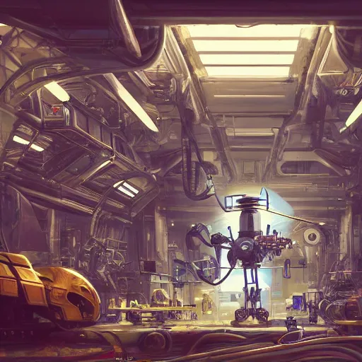 Image similar to the inside of a futuristic mechanic spaceshop coc, highly detailed interior, scrap metal on workbenches, half - finished robot, mechanical bugs in a display case, holographic screen in center frame by peter mohrbacher, trending on artstation, cryengine render, 8 k