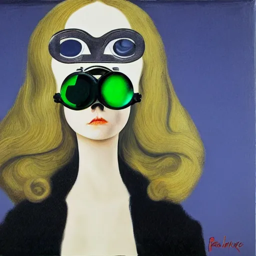 Image similar to Elle Fanning wearing night vision goggles detailed painting by rene magritte