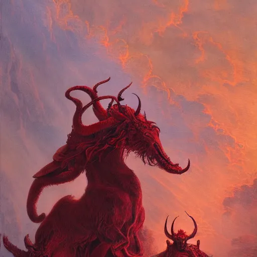 Image similar to a masterpiece! matte painting portrait of a scarlet - colored beast with seven ( 7 ) heads and ten ( 1 0 ) horns by gustave dore and stephen hickman and allen williams, trending on artstation, cgsociety, 8 k hd, earthtone colors, a cloaked woman riding the back of the beast