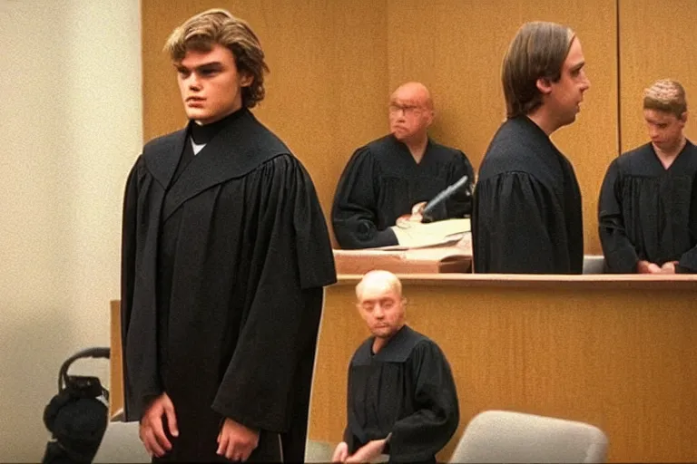 Prompt: anakin skywalker wearing prisoner's uniform in court being defended by saul goodman, court images, 1 0 8 0 p, court archive images