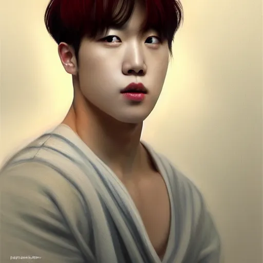 Image similar to wide angle full body portrait of Park Jimin of BTS, with a perfect face and perfect body, thin waist, plump lips, intricate, single face, wearing greek Palla, highly detailed, digital painting, artstation, concept art, smooth, sharp focus, illustration, Unreal Engine 5, 8K, art by artgerm and greg rutkowski and alphonse mucha