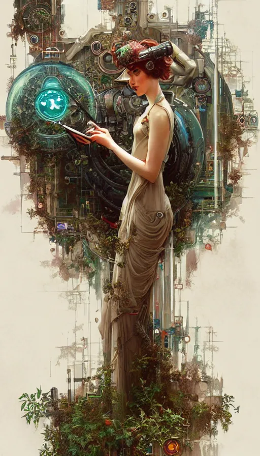 Image similar to hyper realistic time machine schematics, cyberpunk, design on white background, beautiful details, lush foliage, drawn by john singer sargent, tom bagshaw, norman rockwell, alphonso mucha, lolish, trending on artstation