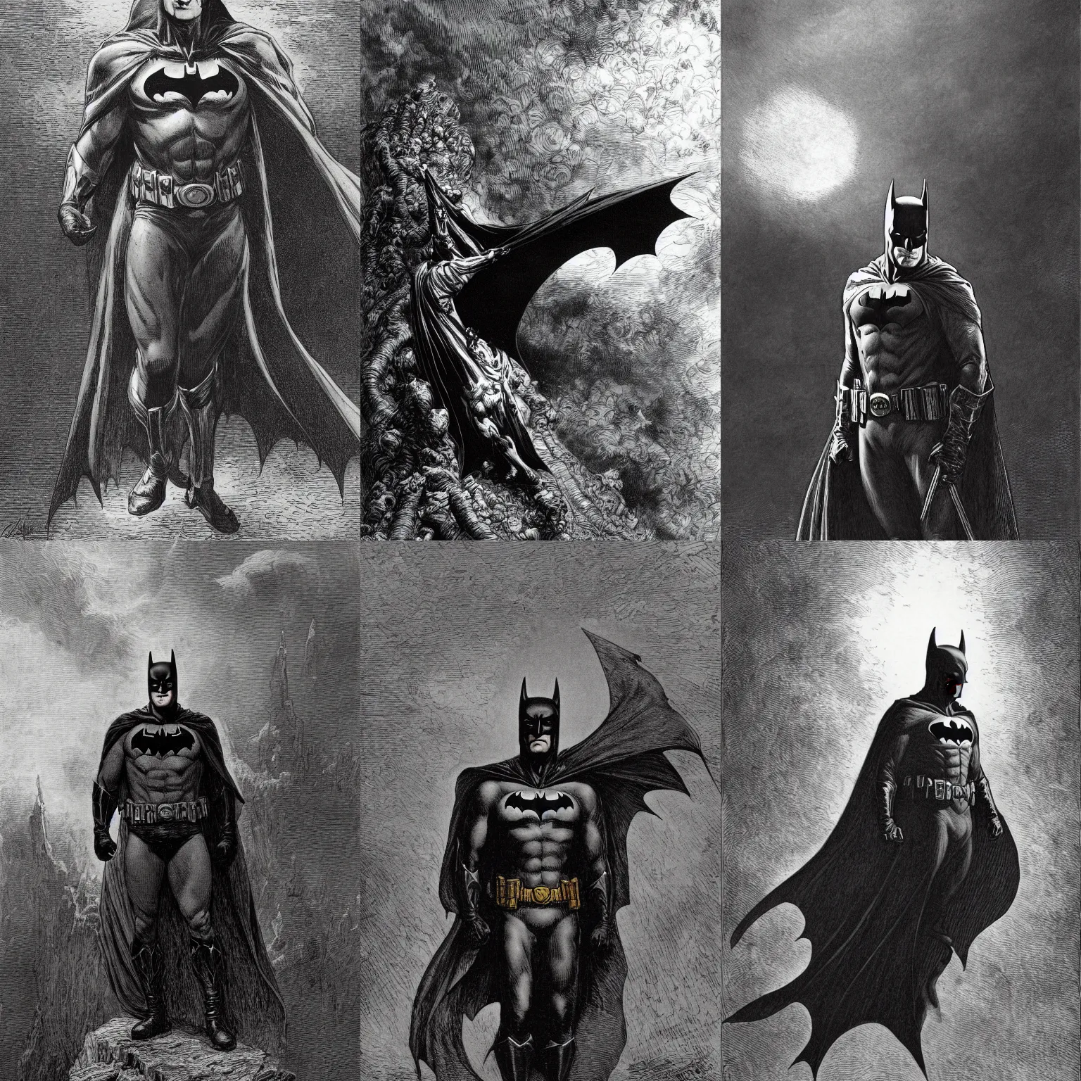 Prompt: Batman by Gustave Doré, highly detailed, dramatic, 4k, high quality