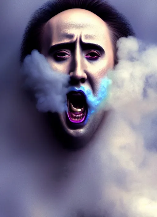 Image similar to an ethereal, misty portrait of a screaming nicolas cage whose face is accented with iridescent makeup. the makeup floats off his face and joins swirling clouds of smoke and fog, becoming the declaration of independence. muted tones. surreal portrait, cinematic lighting, 8 k, smooth, sharp focus, digital painting, rendered in octane, painted by tom bagshaw, artgerm