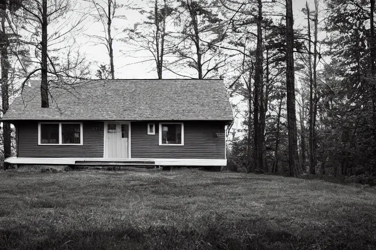 Image similar to a solitary 1 9 6 0 s bungalow style cottage near raven lake, on the outskirts of halifax, ns. hd photography, realistic, inspired by gregory crewdson.