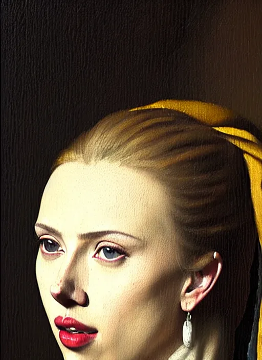 Prompt: portrait of scarlett johansson, oil painting by johannes vermeer, 1 7 th century, art, close up, oil on canvas, wet - on - wet technique, realistic, expressive emotions, intricate textures, illusionistic detail