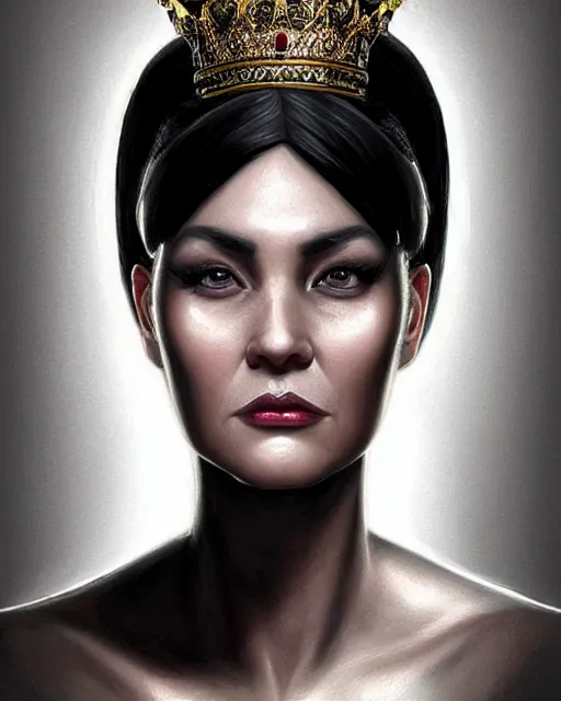 Image similar to portrait of a tall 4 0 - year - old woman with thin lips, long, lush black hair like a crown black, and thick eyebrows, wearing in black clothes, hyper realistic face, beautiful eyes, character art, art by mark brooks, hyperdetailed, cryengine, trending on artstation, digital art