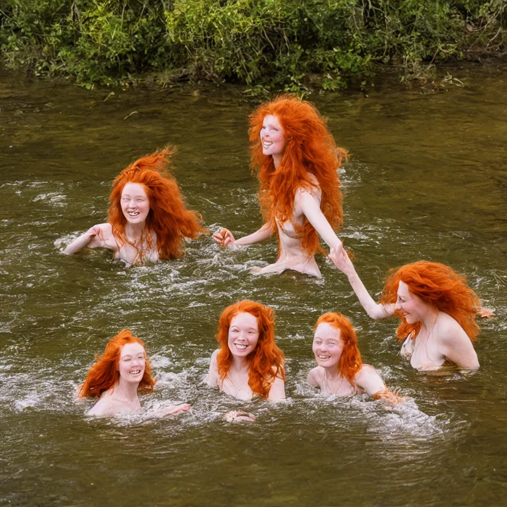 Prompt: lovely 7 0's 1 6 mm photograph of two long haired redhead women having fun swimming in a creek, golden hour, soft light, sun reflecting off of the water, 4 k