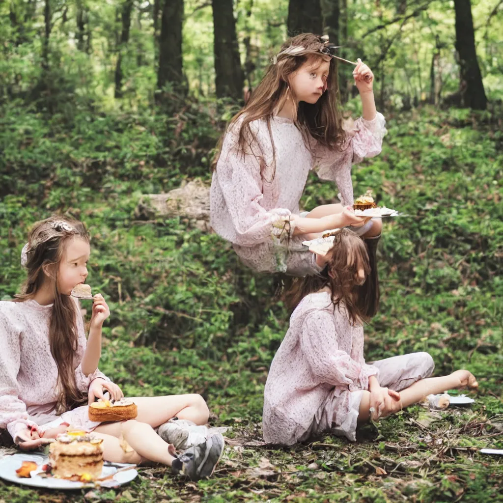 Image similar to a girl sitting in a forest, girl eating a piece of cake, sunny day, windy day, girl with clear beautiful face