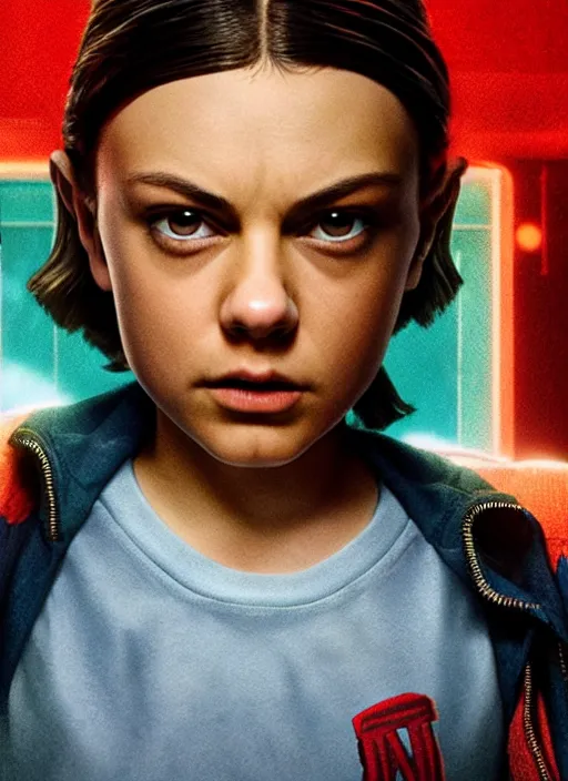 Image similar to Mila Kunis with a buzzcut cast as Eleven, still from Stranger Things movie, hyperrealistic, 8k, Octane Render,