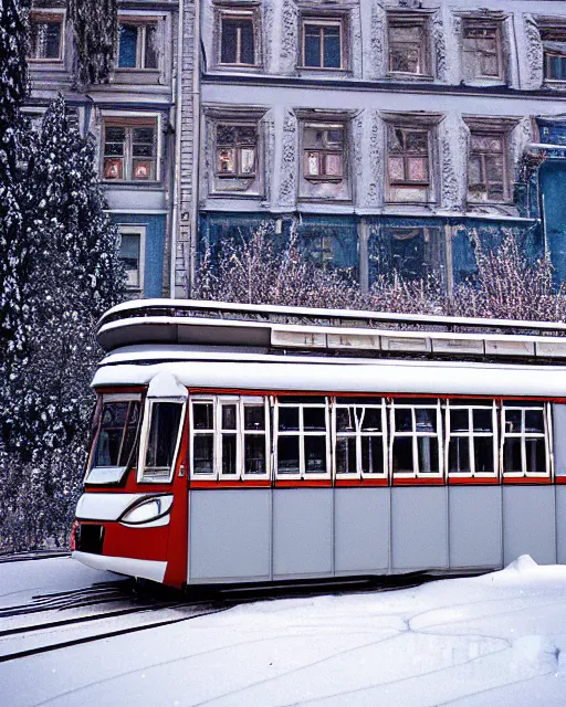 Image similar to tatra t 3 tram, ussr czech republic, side view, ice patterns on windows, winter, frost, around the city, evening, snow, into the art style and print