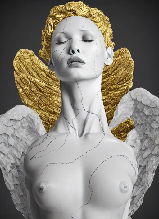 Image similar to a statue made of white marble with gold veins, of an beautiful gorgeous angel girl, full body shot, perfect symmetrical body, perfect symmetrical face, no eyes, hyper realistic, hyper detailed, fujicolor superia 1 6 0 0 photo, by johannen voss, by peter kemp, by monia merlo, by michelangelo octane render, blender, 8 k