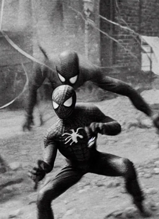 Prompt: old photo of Spiderman fighting in the Civil War