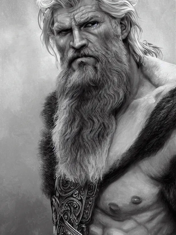 Prompt: painted portrait of rugged odin, god of war, norse god, white hair, masculine, mature, handsome, upper body, grey and silver, muscular, hairy torso, fantasy, intricate, muscular, elegant, hyper detailed, digital painting, artstation, concept art, smooth, sharp focus, illustration, art by gaston bussiere and alphonse mucha