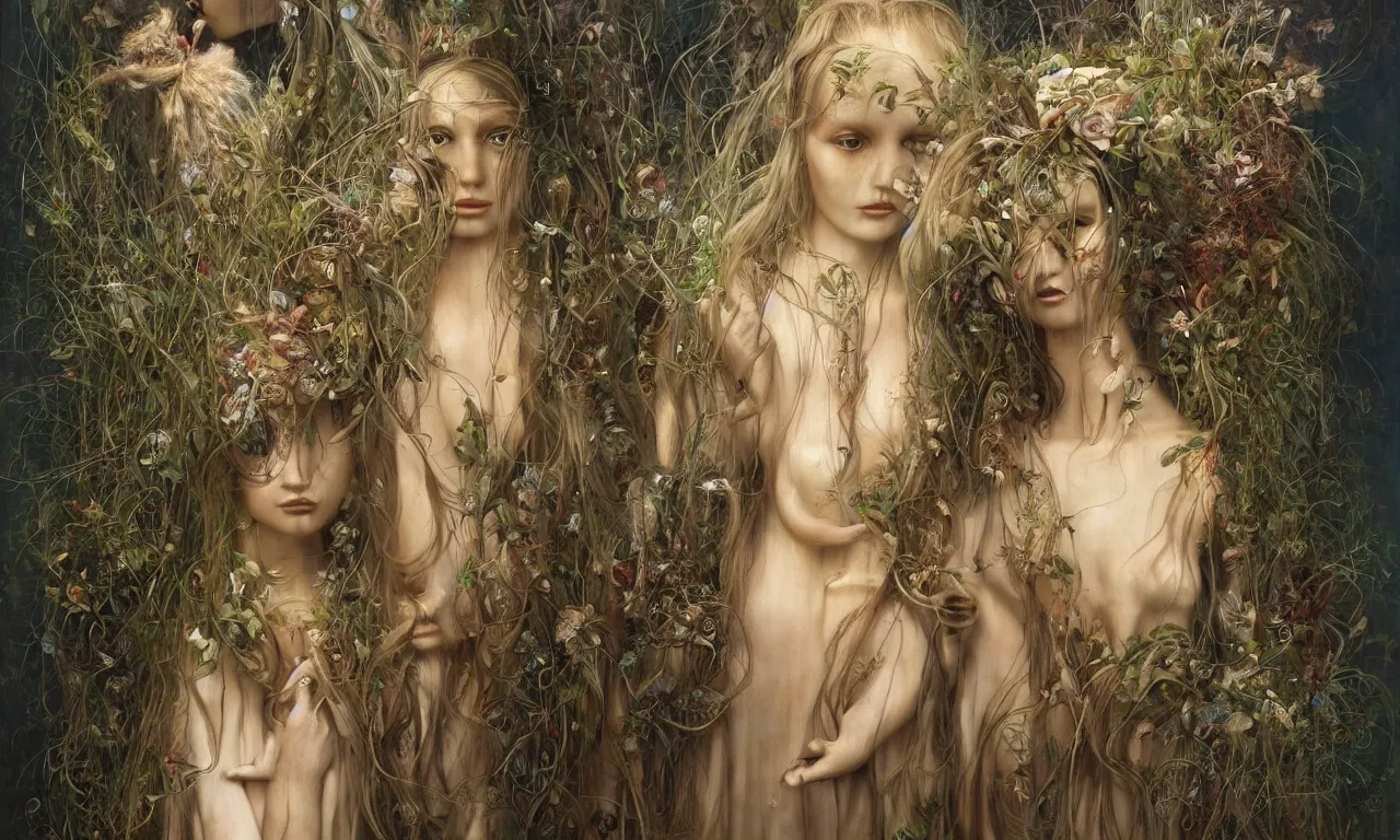 Image similar to a portrait of a beautiful female mannequin, a jointed wooden doll with long flowing hair, holding each other, big moths, big lilies, by James C. Christensen, by Tomasz Alen Kopera